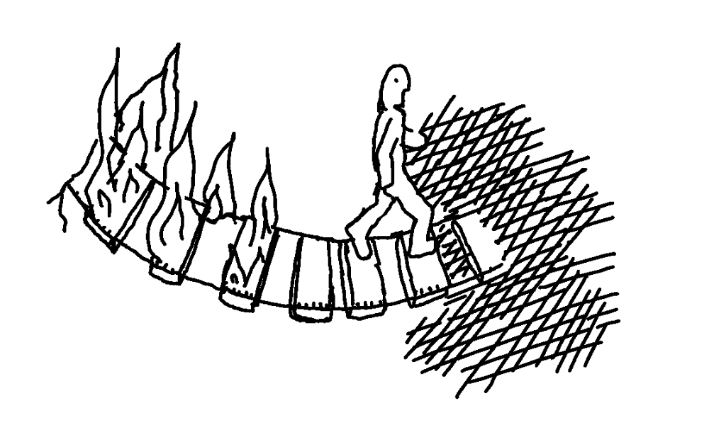 Ilustración de una persona dejando atrás un puente en llamas