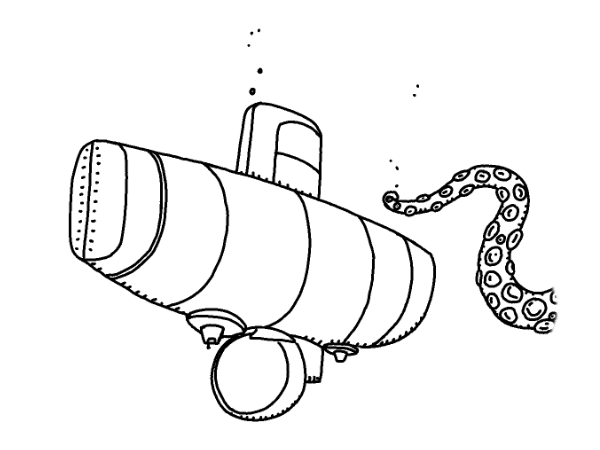 Ilustración de un submarino y un tentáculo